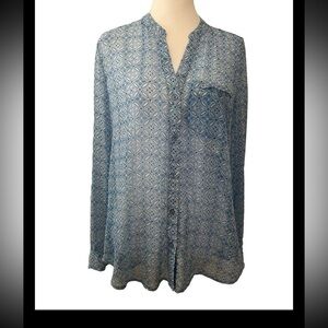 Kut From The Kloth Blue Floral Button Front Long Sleeve Blouse M